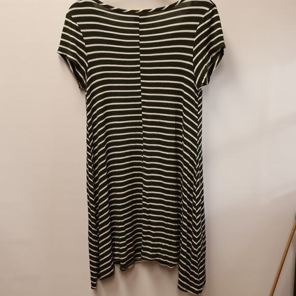 TMG Dress Olive White Stripe Asymmetric Hem Cap Sleeve Round Neck SZ Large - Picture 7 of 12